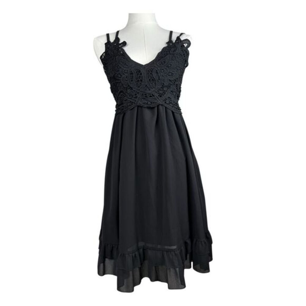 Crochet Babydoll Dress Womens Size S Black Strappy Tiered Ruffle Romantic Witchy